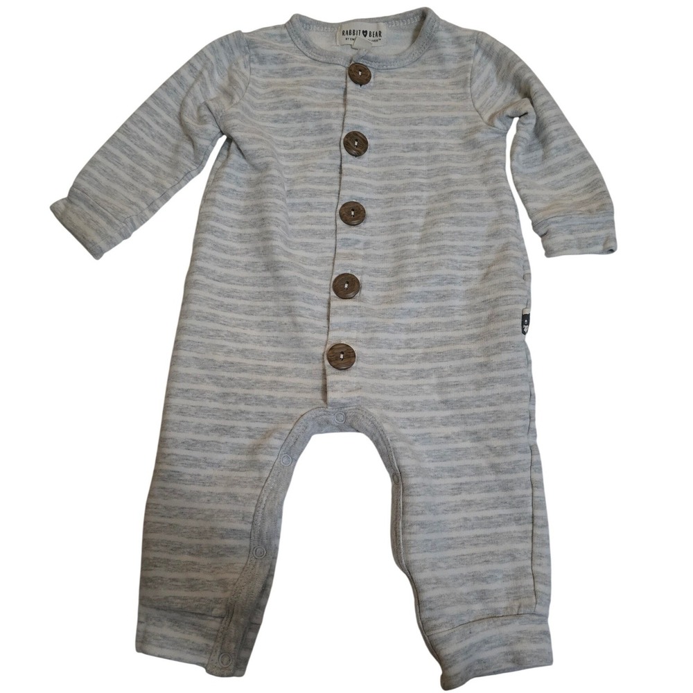 Rabbit Bear Emily Oliver Grey White Striped Button Front Romper 3-6M